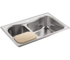 STACCATO 33 X 22 X 8-5/16 INCHES TOP-MOUNT LARGE/MEDIUM DOUBLE-BOWL KITCHEN SINK WITH SINGLE FAUCET HOLE