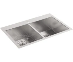 VAULT 33 X 22 X 9-5/16 INCHES TOP-/UNDER-MOUNT DOUBLE-EQUAL BOWL KITCHEN SINK WITH SINGLE FAUCET HOLE