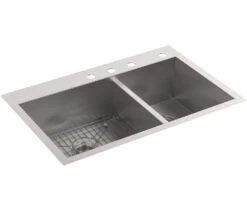 VAULT 33 X 22 X 9-5/16 INCHES TOP-/UNDER-MOUNT LARGE/MEDIUM DOUBLE-BOWL KITCHEN SINK WITH 4 FAUCET HOLES