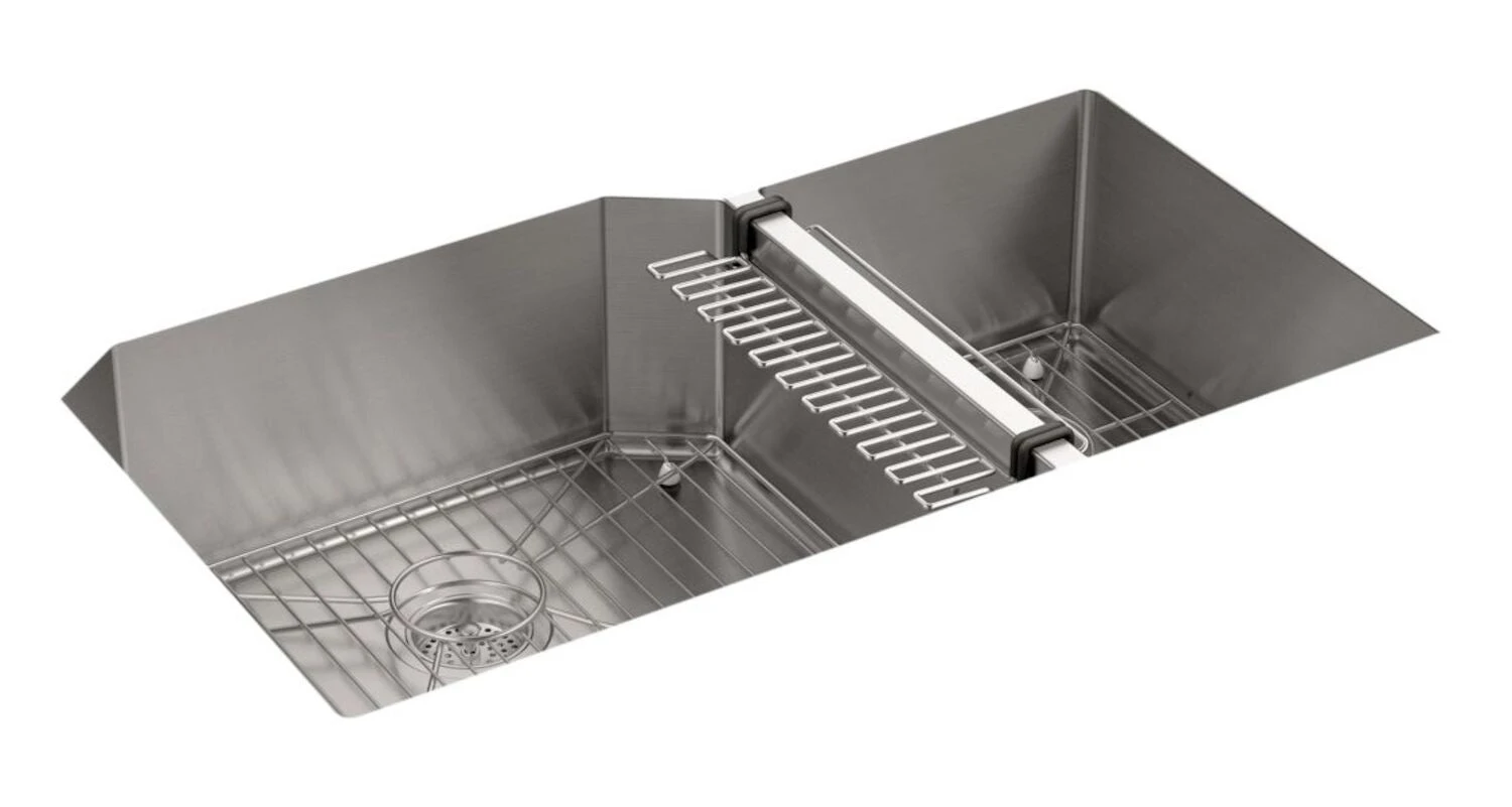 STRIVE® 35-1/2 X 20-1/4 X 9-5/16 INCHES UNDER-MOUNT EXTRA-LARGE/MEDIUM DOUBLE-BOWL KITCHEN SINK WITH SINK RACK 1 STRIVE® 35-1/2 X 20-1/4 X 9-5/16 INCHES UNDER-MOUNT EXTRA-LARGE/MEDIUM DOUBLE-BOWL KITCHEN SINK WITH SINK RACK