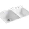EXECUTIVE CHEF 33 X 22 X 10-5/8 INCHES UNDER-MOUNT LARGE/MEDIUM, HIGH/LOW DOUBLE-BOWL KITCHEN SINK WITH 4 OVERSIZE FAUCET HOLES