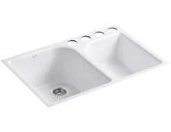 EXECUTIVE CHEF 33 X 22 X 10-5/8 INCHES UNDER-MOUNT LARGE/MEDIUM, HIGH/LOW DOUBLE-BOWL KITCHEN SINK WITH 4 OVERSIZE FAUCET HOLES