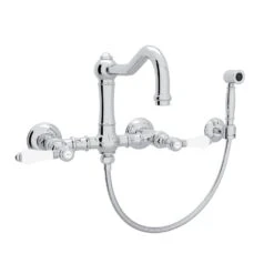 ACQUI® WALL MOUNT BRIDGE KITCHEN FAUCET WITH SIDESPRAY AND COLUMN SPOUT (PORCELAIN LEVER HANDLE)